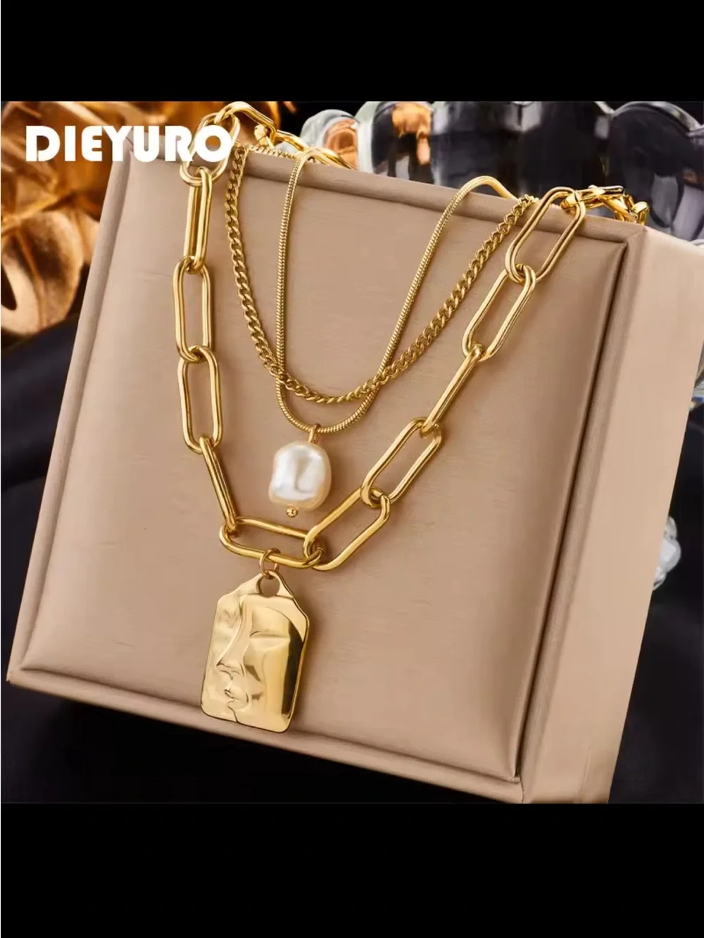 18K Gold Plated Layered Pendant Necklace with Pearl Accent